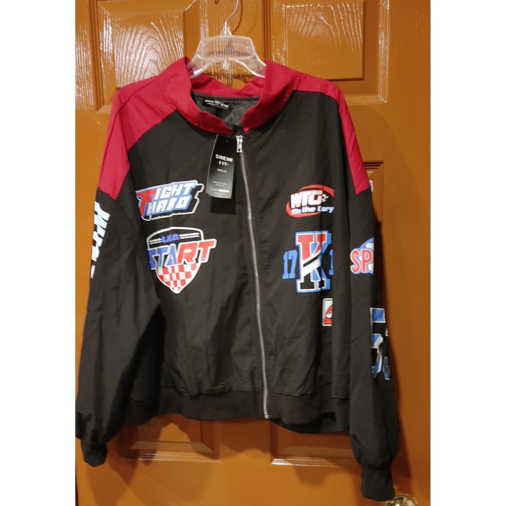 SHEIN FIT+ Racing Bomber Jacket Womens 28/30 Black Red NEW Graphic Patch Zip Up